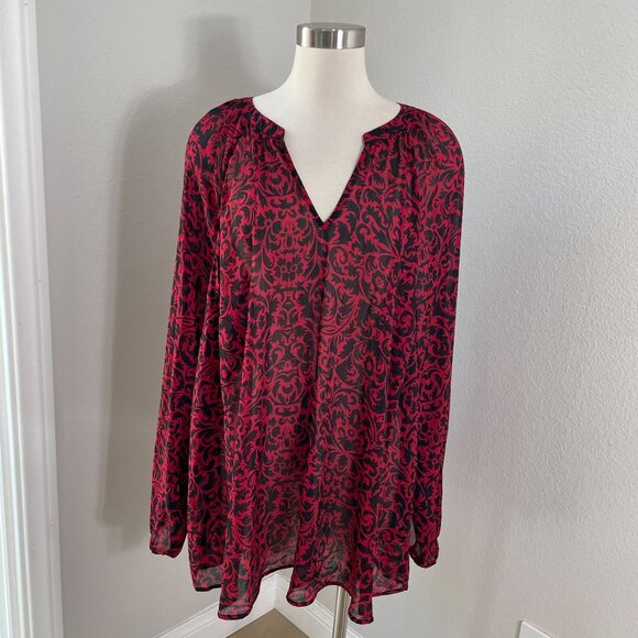 Torrid Womens Plus 4X Red Black Floral Sheer Blouse Long Sleeve V Neck Shirt - Picture 1 of 9